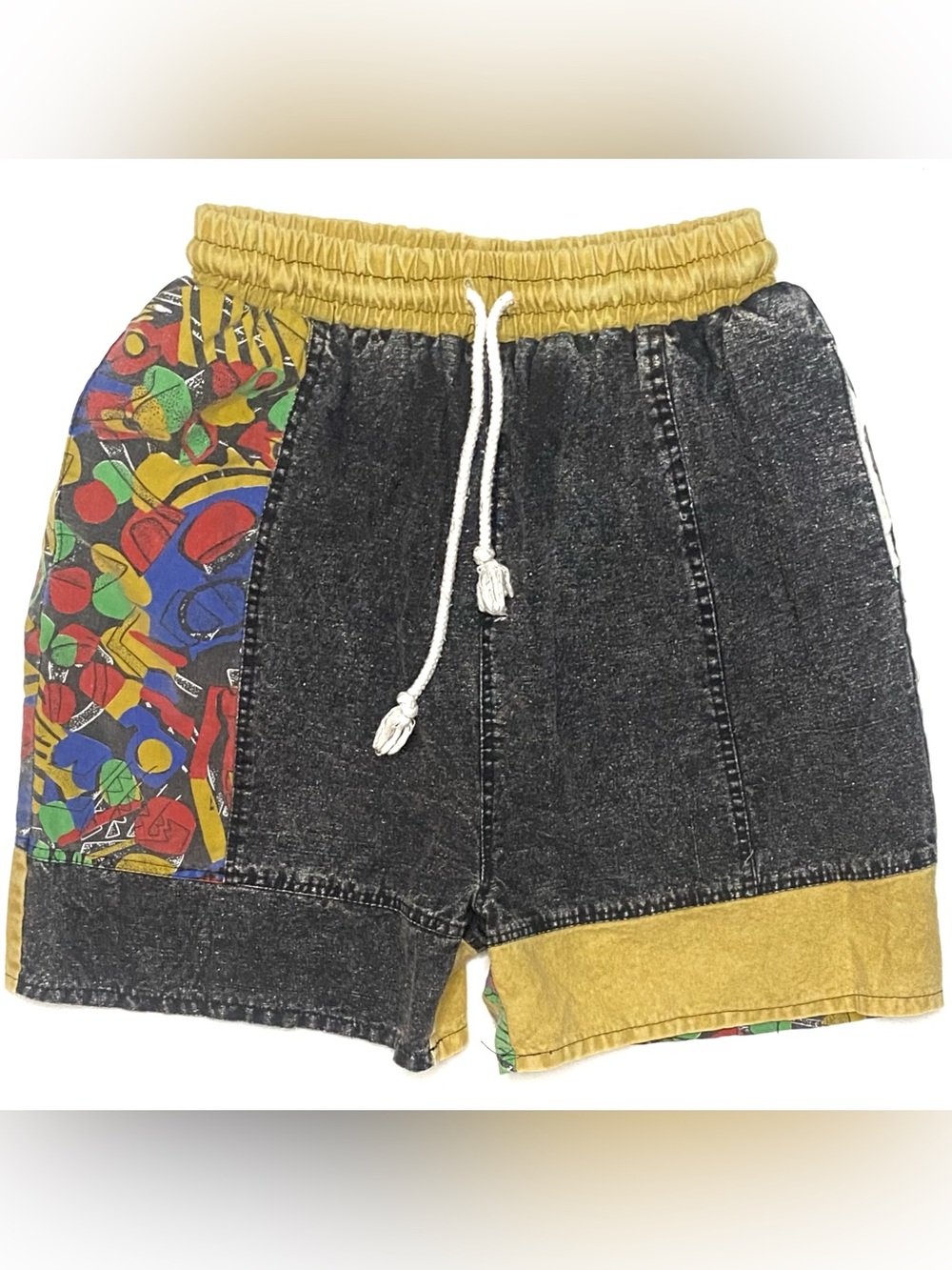 Vintage Black Acid Wash Denim Shorts With Colorful Abstract Designs Unisex Large